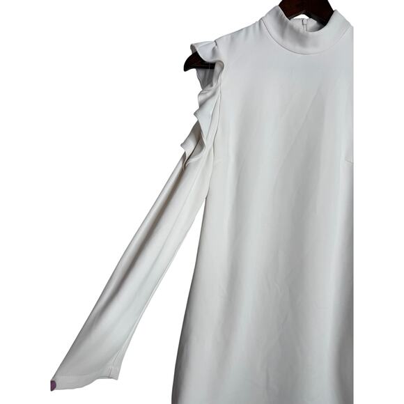 Wai Ming Dunn Cold Shoulder Ruffle Long Sleeve Shift Mini Dress Pockets 4 White - Picture 9 of 15